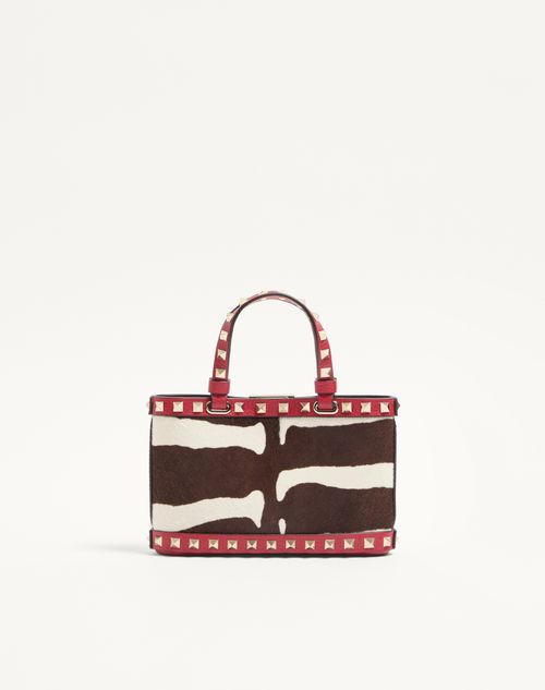 Valentino Garavani - Rockstud Mini Shopping Bag In Pony-effect Calfskin - White/marrone/red - Woman - Totes